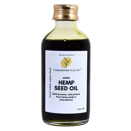 Front view of a 200ml bottle of hemp seed oil